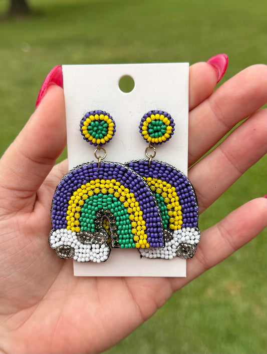 Beaded Mardi Gras Earrings - Rainbow